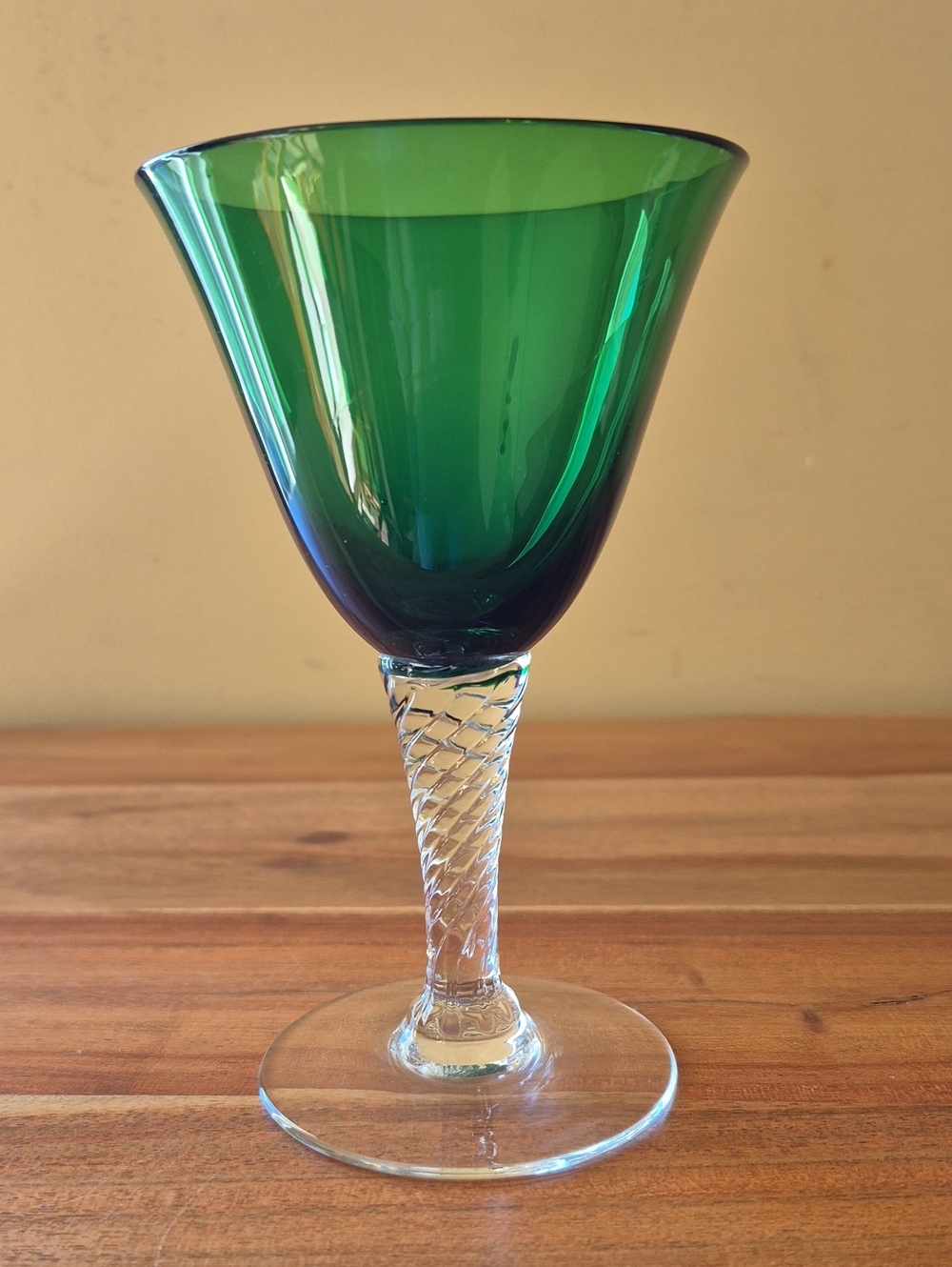 Vintage Green Crystal Wine Glass with Twisted Clear Stem